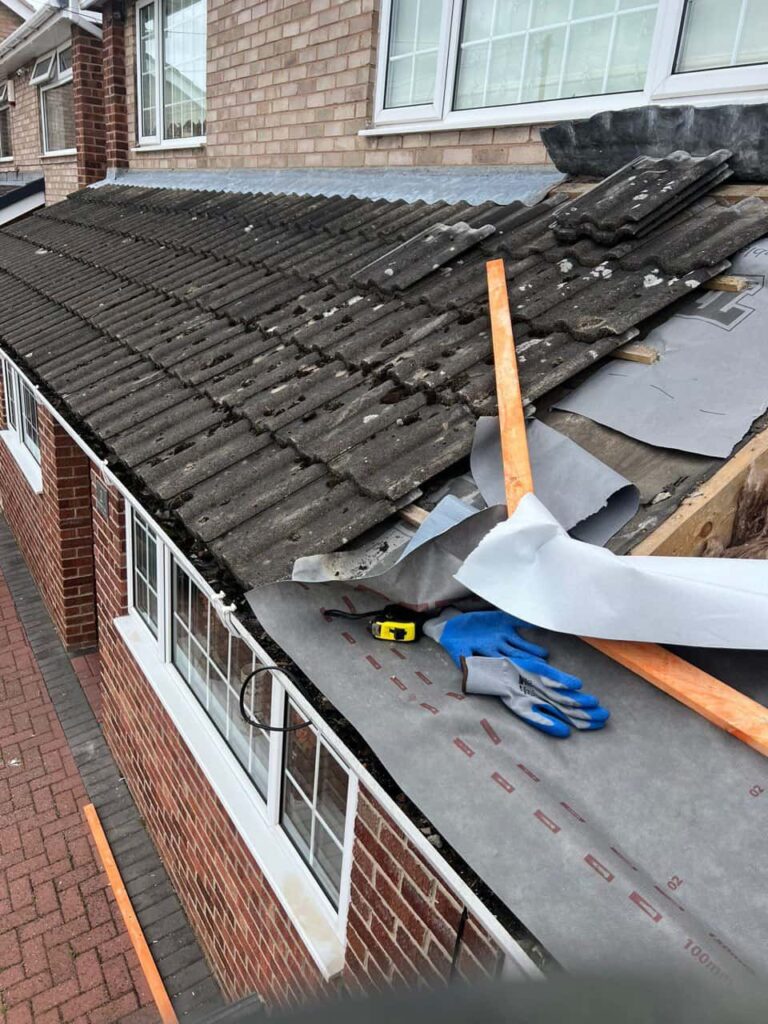 This is a photo of a pitched roof which is being repaired. The existing roof was leaking badly. Works carried out by Downham Market Roofing Repairs